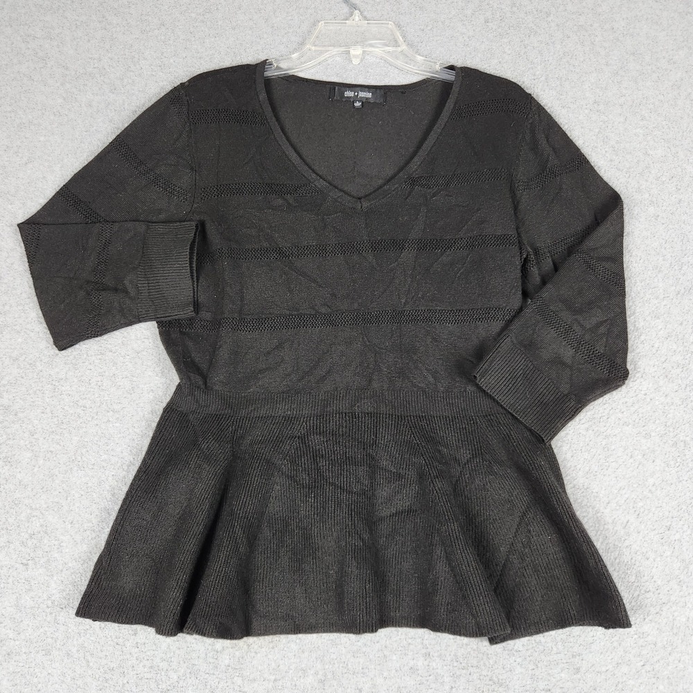 Chloe + Jasmine Peplum Top Womens Large Black Textured Knit Long Sleeve V-Neck